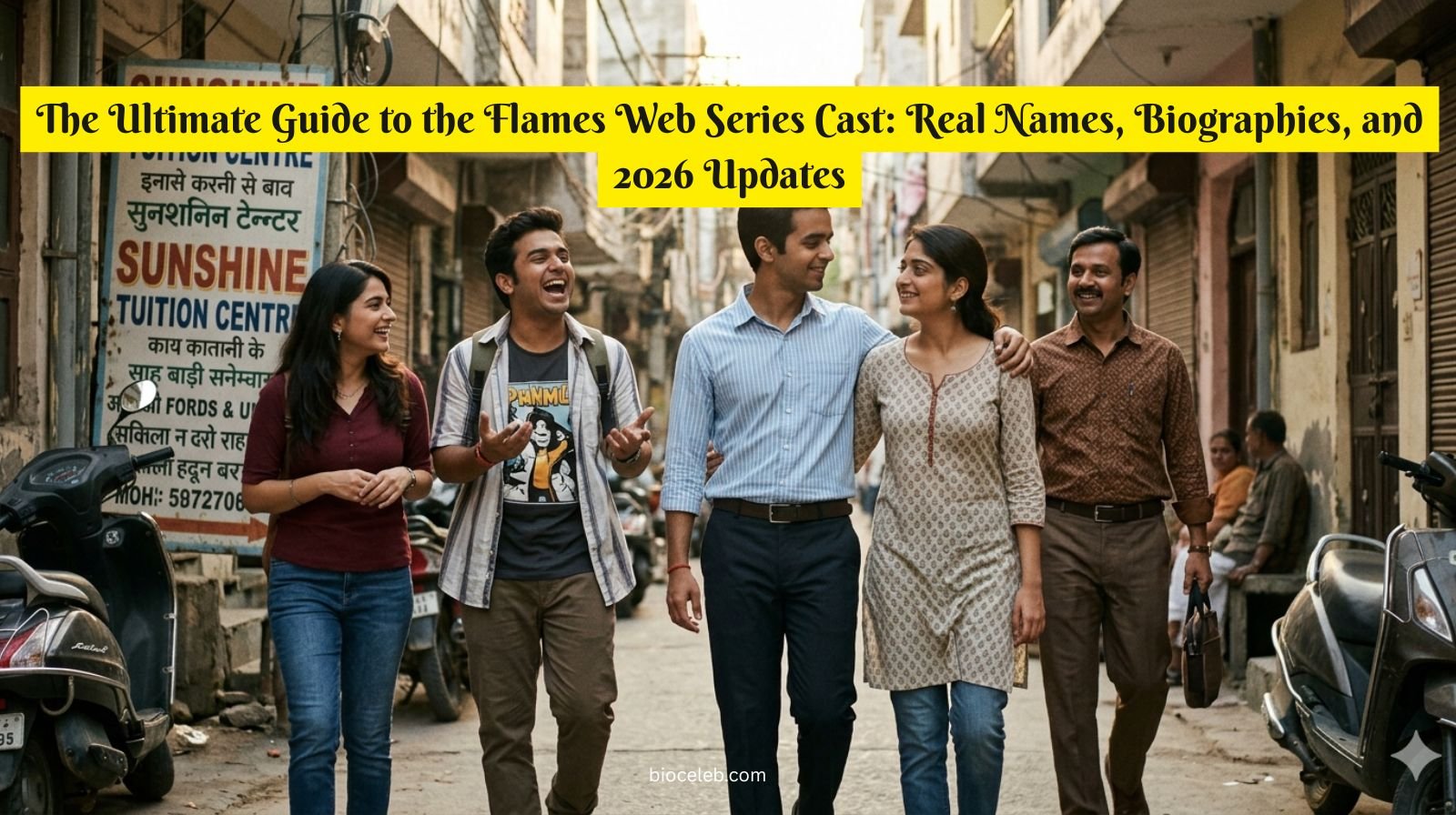 A group photo of the Flames web series cast real names Ritvik Sahore, Tanya Maniktala, Shivam Kakar, and Sunakshi Grover smiling together in a nostalgic 2026 promotional still for the TVF series.